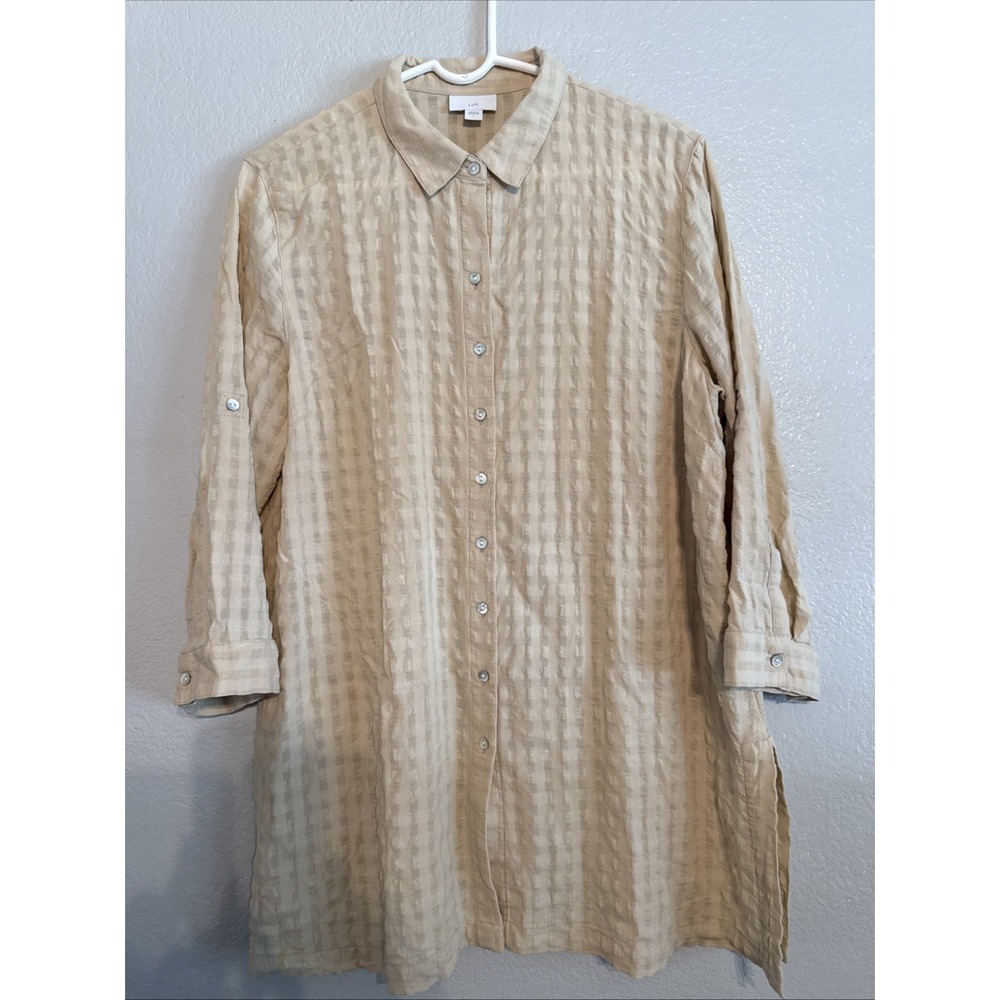 J.Jill Large Beige Textured Seersucker Shadow Stripe Cotton Tunic Blouse EUC
